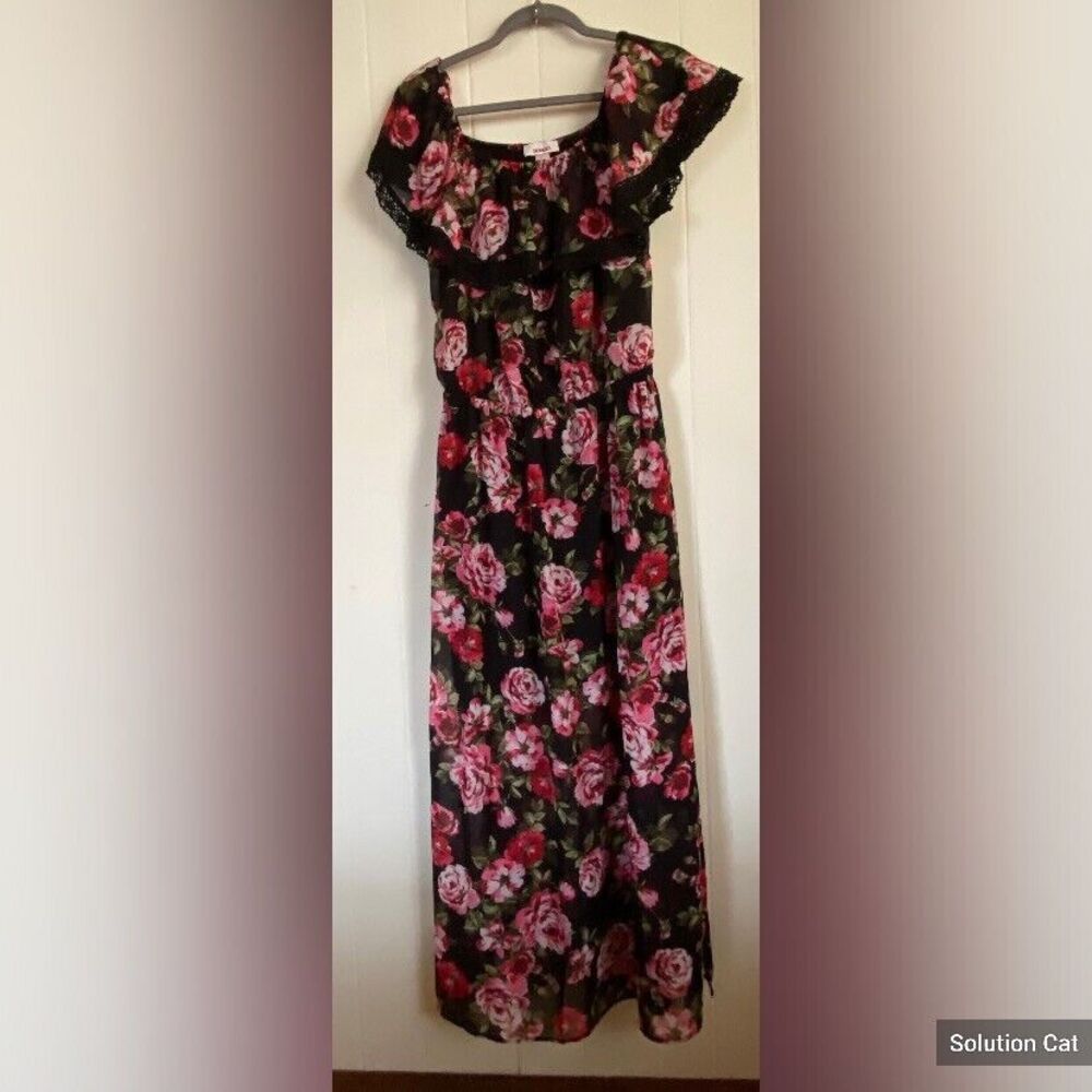 Bongo Dress Women’s Large Pink Black Roses Ruffled Lace Maxi Cottagecore